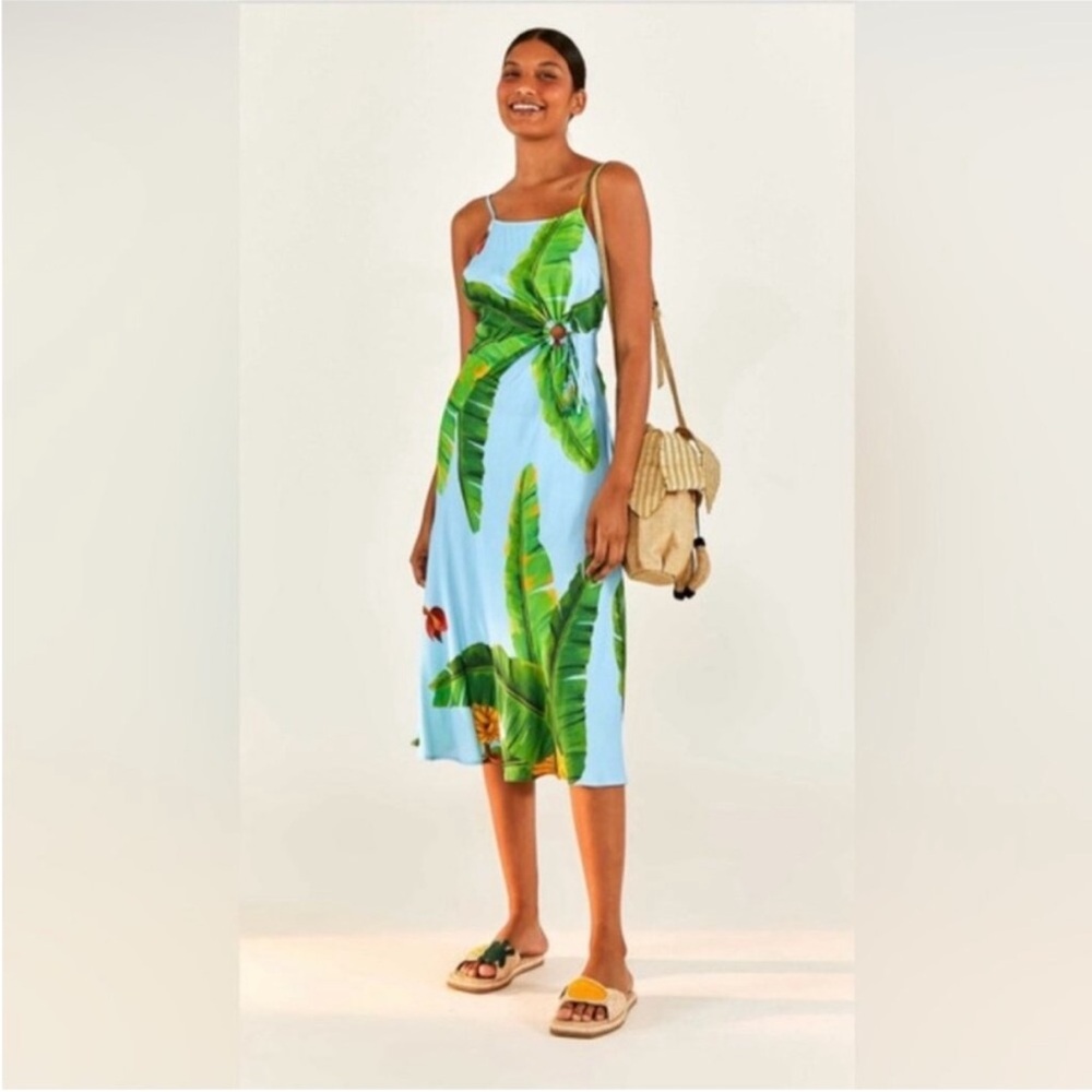 FARM Rio Blue Fresh Bananas Midi Dress Size Small. Retail $225